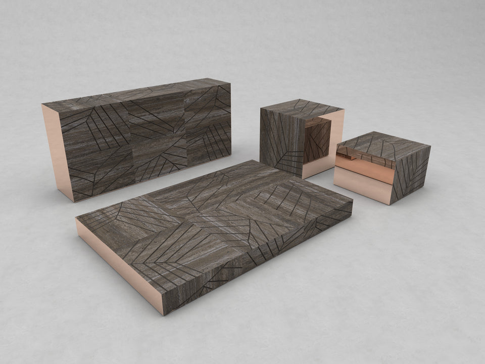 FOGLIE TRAVERTINE TITANIUM AND COPPER R80 - 180, S60, S40, R15 - 120 x 180
