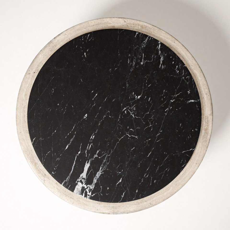 SOLEIL TRAVERTINE SILVER AND MARQUINA UNITO MARBLE COFFEE TABLE