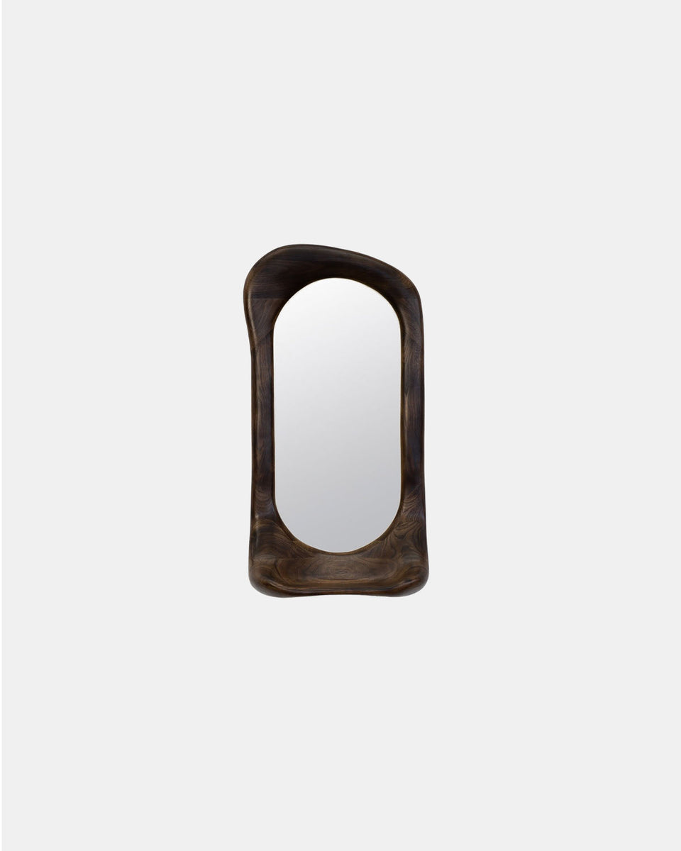 SLIGHTLY CHARRED WALNUT WOOD MIRROR WITH SHELF