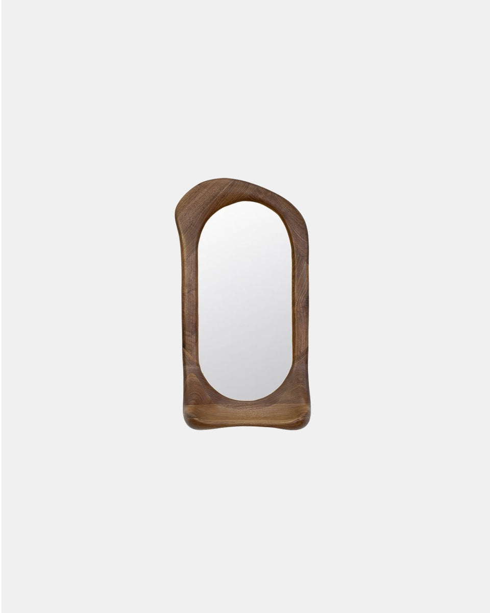 NATURAL WALNUT WOOD MIRROR WITH SHELF
