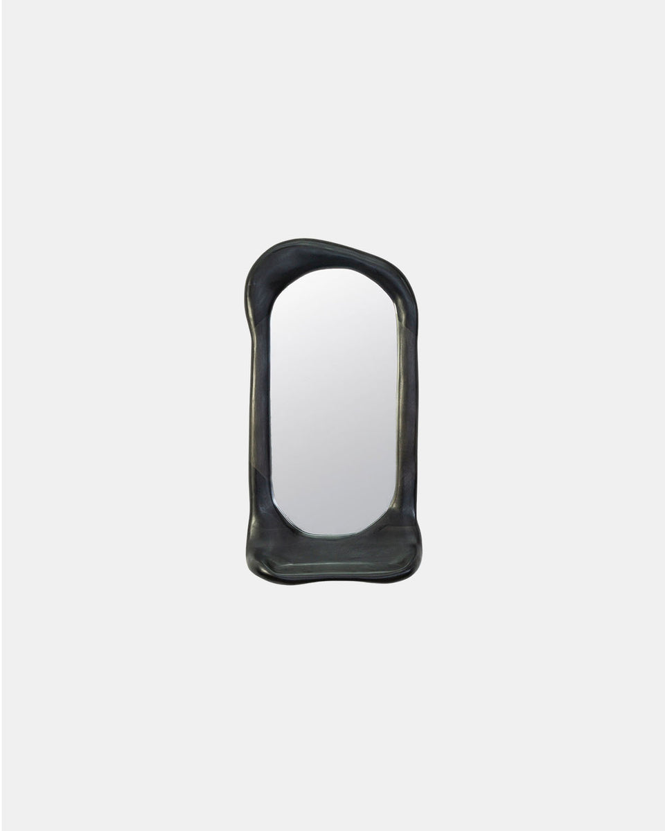 EBONIZED WALNUT WOOD MIRROR WITH SHELF