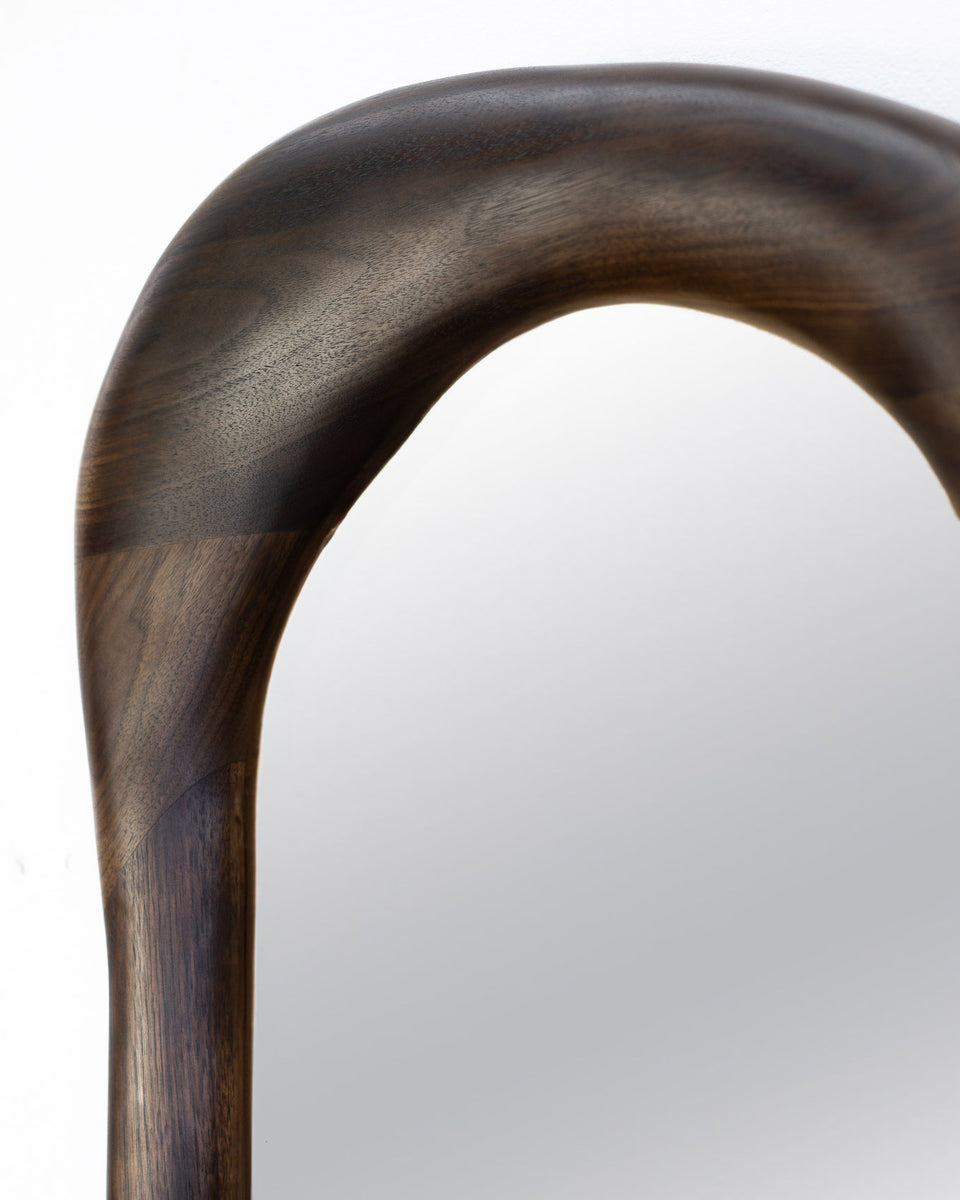 SLIGHTLY CHARRED WALNUT WOOD MIRROR WITH SHELF