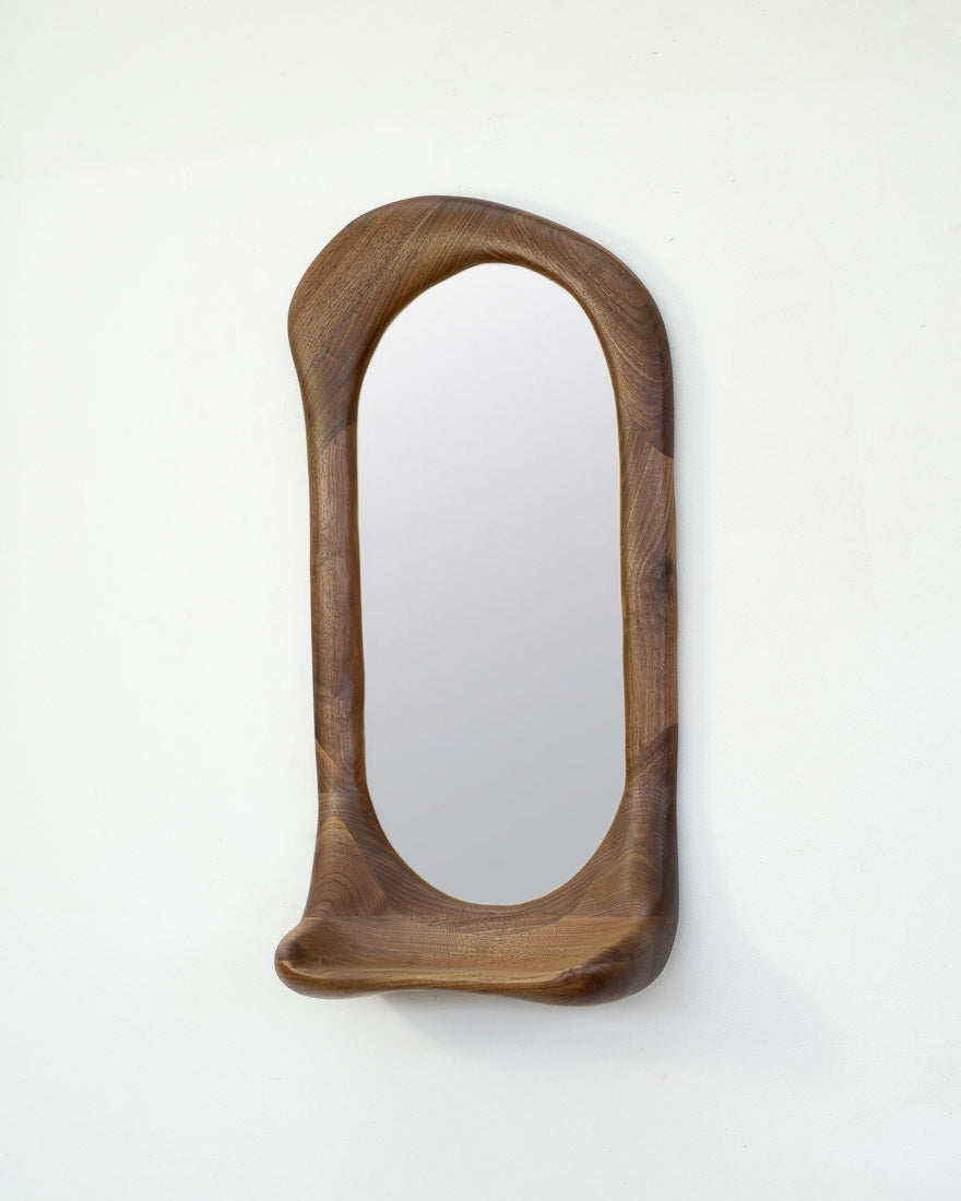 NATURAL WALNUT WOOD MIRROR WITH SHELF